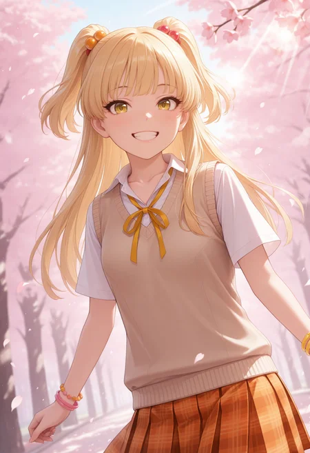 masterpiece, best quality, amazing quality, very awa,absurdres,newest,very aesthetic, looking at viewer, looking at viewer, smile, , happy, outdoors, petals, sakura trees, lens flare, sun rays, looking at viewer, dutch angle,
<lora:Jougasaki Rika illu:1> 1girl, blonde hair, long hair, two side up, hair bow, small breasts, hair bobbles, small breasts, school uniform, collarbone, neck ribbon, collared shirt, sweater vest, short sleeves, bracelet, plaid skirt, orange skirt