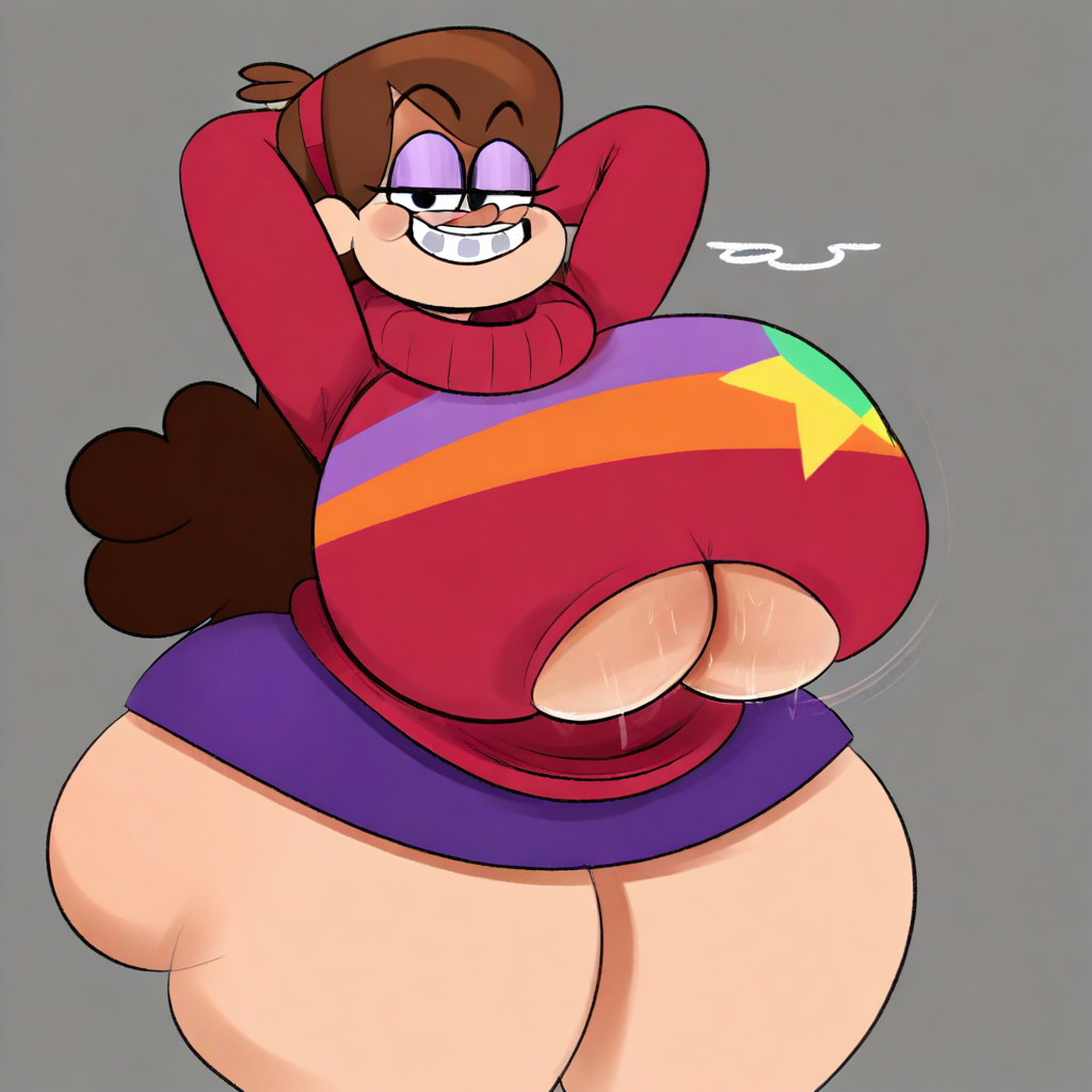 absurdres, best quality, detailed, simple background, 1girls, mabel pines, brown hair, long hair, dot eyes, black eyes, looking at viewer, purple eyeshadow, half-closed eyes, smug, braces, red headband, red sweater, purple skirt, huge breasts, underboob, thick thighs, standing, arms behind head