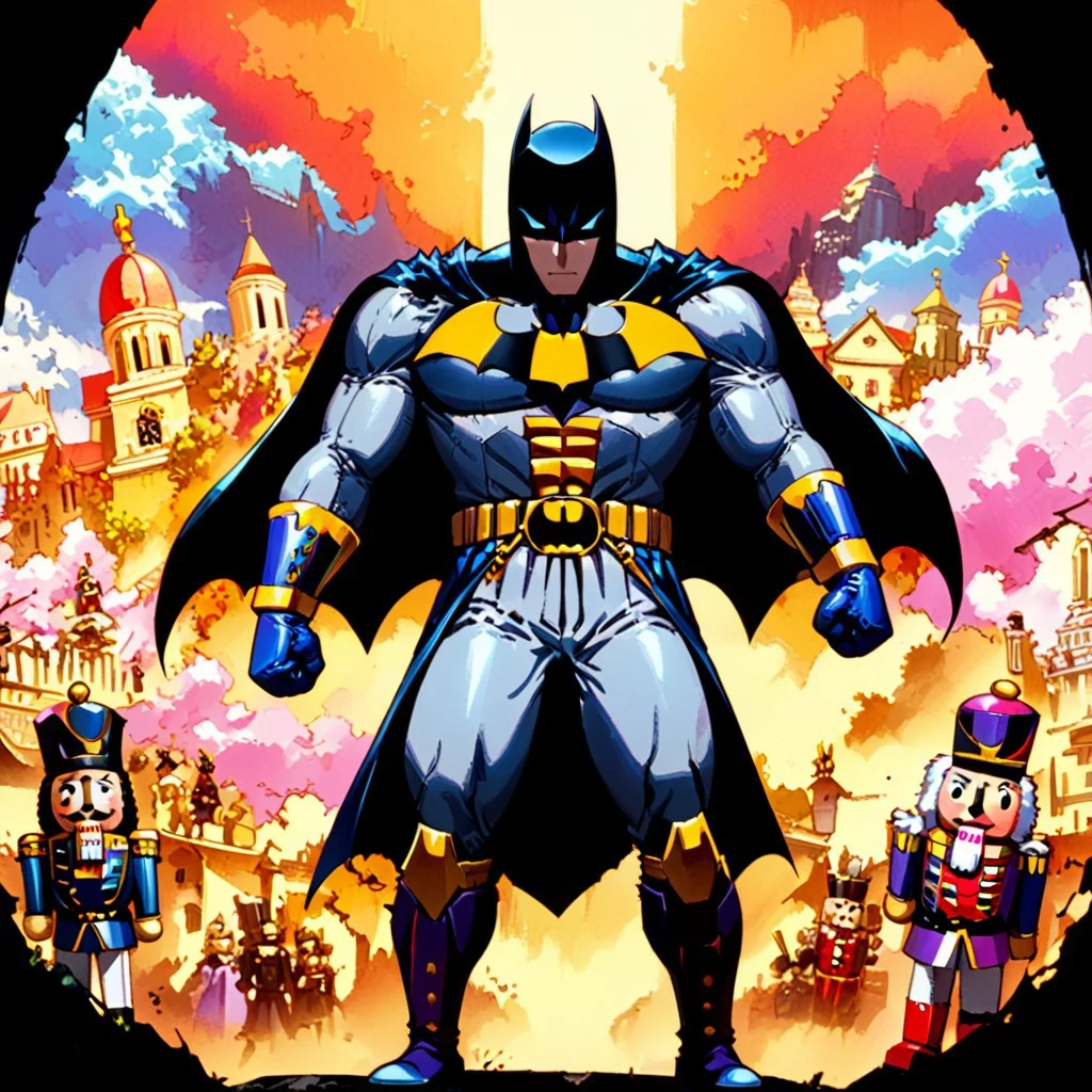 batman, batman retanime, Mike Deodato, midjourneyv6.1, nutcracker, hyper-detail, hyper-realism, cinematic, intricate detail, detailed background, masterpiece, best quality, high quality, highres, absurdres, very detailed, high resolution, sharp, sharp image, aesthetic, Score_9, score_8_up, score_7_up, score_6, source_anime, vibrant, colorful, retro_artstyle, 1990s_(style), dark and brooding batman dressed up like a nutcracker