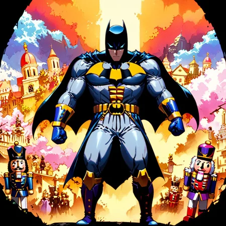 batman, batman retanime, Mike Deodato, midjourneyv6.1, nutcracker, hyper-detail, hyper-realism, cinematic, intricate detail, detailed background, masterpiece, best quality, high quality, highres, absurdres, very detailed, high resolution, sharp, sharp image, aesthetic, Score_9, score_8_up, score_7_up, score_6, source_anime, vibrant, colorful, retro_artstyle, 1990s_(style), dark and brooding batman dressed up like a nutcracker