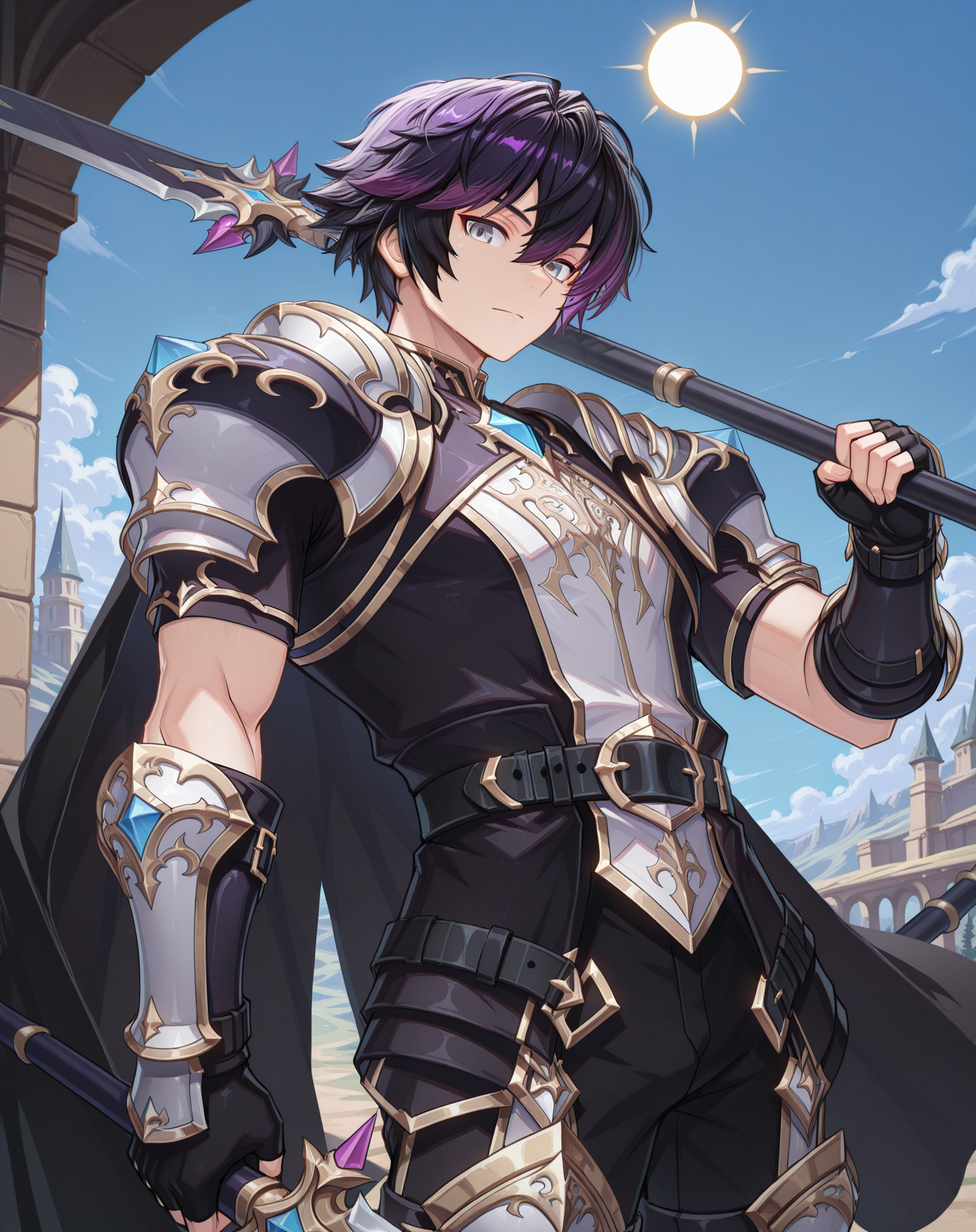 masterpiece, amazing quality, best quality, absurdres, very aesthetic,
1boy, solo, yaoi, male focus, cowboy shot, upper body, looking at viewer, face focus,
<lora:Sieghart_T_Default_ilxl:1> siegtdefault, black hair, multicolored hair, purple hair,hair between eyes, short hair, two-tone hair, grey eyes,
fingerless gloves, shoulder armor, black cape, black belt, black gloves, armored boots, black pants, fantasy, gauntlets, pauldrons, shirt, short sleeves,
holding weapon, holding polearm,holding sword, dual wielding, spear,weapon over shoulder, 
outdoors, day, blue sky, sun,