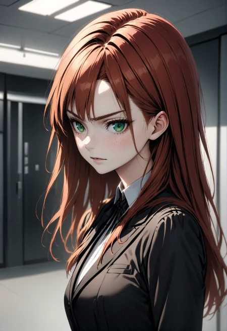 a realistic 20 year old anime ((kmw)) top model redhead woman, freckles,
formal wear,
serious, focused,
small breasts, flat chest,
anime office background,
side view,
 <lora:kmw_v53:1>