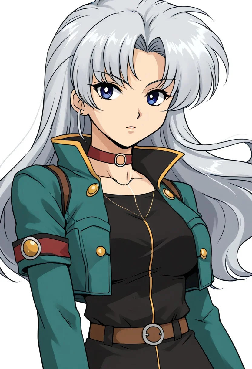 simple background, white background,
Retro Anime Flat Colors, black outline,
female, solo, upper body,
Ca1v1na, breasts, silver hair, long hair, blue eyes, large breasts, choker, jewelry, belt, necklace, green jacket, black shirt, black skirt,