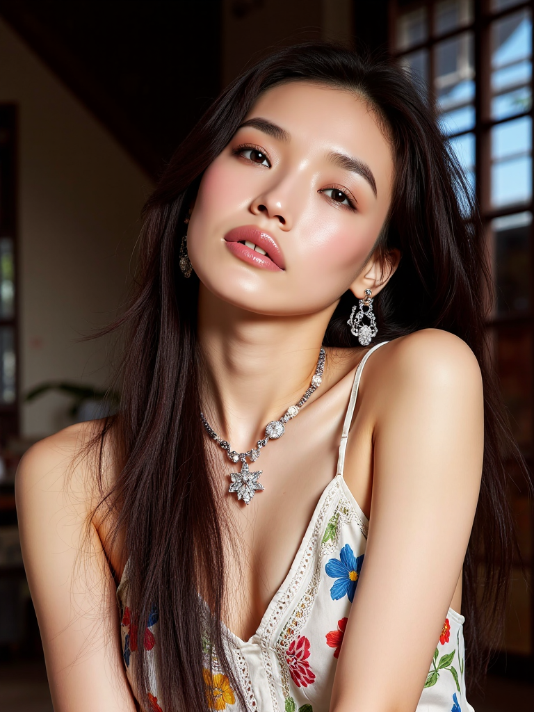 There are wonderful studio lights and various reflections,her thin face is very delicate,
18yo beautiful cute girl with blushing and female orgasm.skin naturally showing the texture of blood vessels and detailed pale skin,(looking at viewer:1.2),
sfw cowboy shot,--,
--,<lora:Hsu_Chi_f1_rank2_bf16:1>,she is Hsu Chi,
--,bright photo of beautiful asian girl with long wavy hair wearing bohemian dress,inside a rustic house with windows,necklace,realistic light reflections,pale skin,,