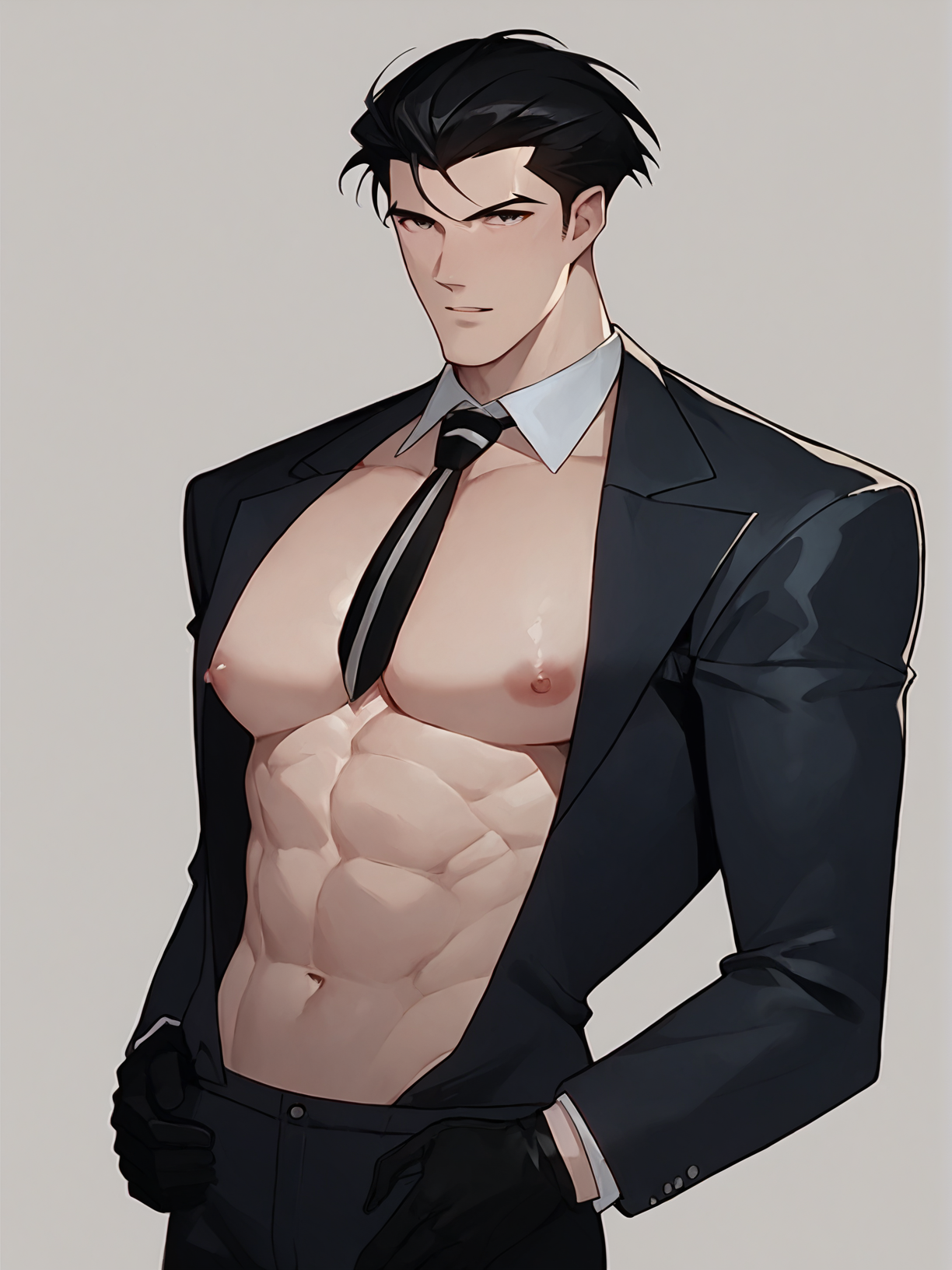 source_anime, score_9, score_8_up, score_7_up, 8k, absurd res, solo, <lora:BigO_PDXLv1 Roger-000035:0.7> black hair, long sleeves, necktie, black gloves, collared shirt, black jacket, simple background, sexy pose, sexy man, open clothes, nipples,