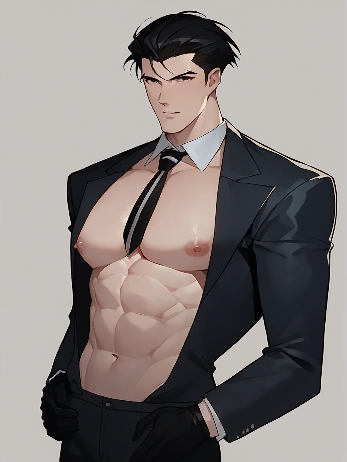 source_anime, score_9, score_8_up, score_7_up, 8k, absurd res, solo, <lora:BigO_PDXLv1 Roger-000035:0.7> black hair, long sleeves, necktie, black gloves, collared shirt, black jacket, simple background, sexy pose, sexy man, open clothes, nipples,