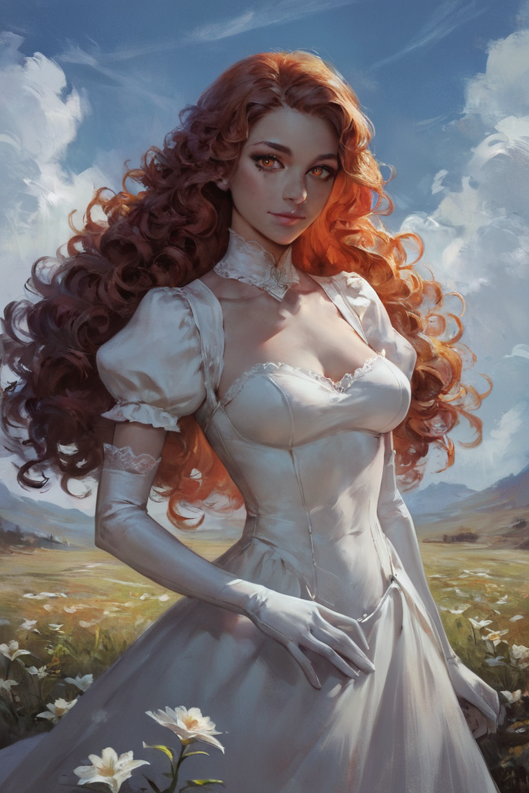 score_9, score_8_up, score_7_up, rating_safe, concept art, realistic, 1girl, solo, long hair, curly hair, wavy hair, orange hair, orange eyes, looking at viewer, breasts, dress, white dress, puffy sleeves, puffy short sleeves, short sleeves, gloves, elbow gloves, white gloves, cowboy shot, closed mouth, standing, outdoors, field, flower, grass, plant, sky <lora:Concept Art Twilight Style SDXL_LoRA_Pony Diffusion V6 XL:1>