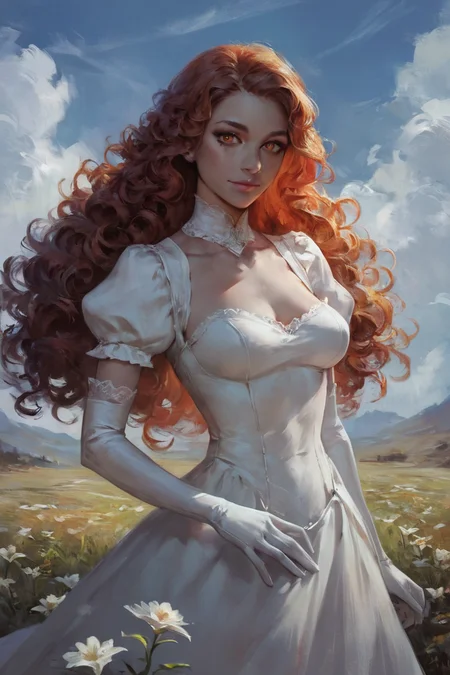 score_9, score_8_up, score_7_up, rating_safe, concept art, realistic, 1girl, solo, long hair, curly hair, wavy hair, orange hair, orange eyes, looking at viewer, breasts, dress, white dress, puffy sleeves, puffy short sleeves, short sleeves, gloves, elbow gloves, white gloves, cowboy shot, closed mouth, standing, outdoors, field, flower, grass, plant, sky <lora:Concept Art Twilight Style SDXL_LoRA_Pony Diffusion V6 XL:1>