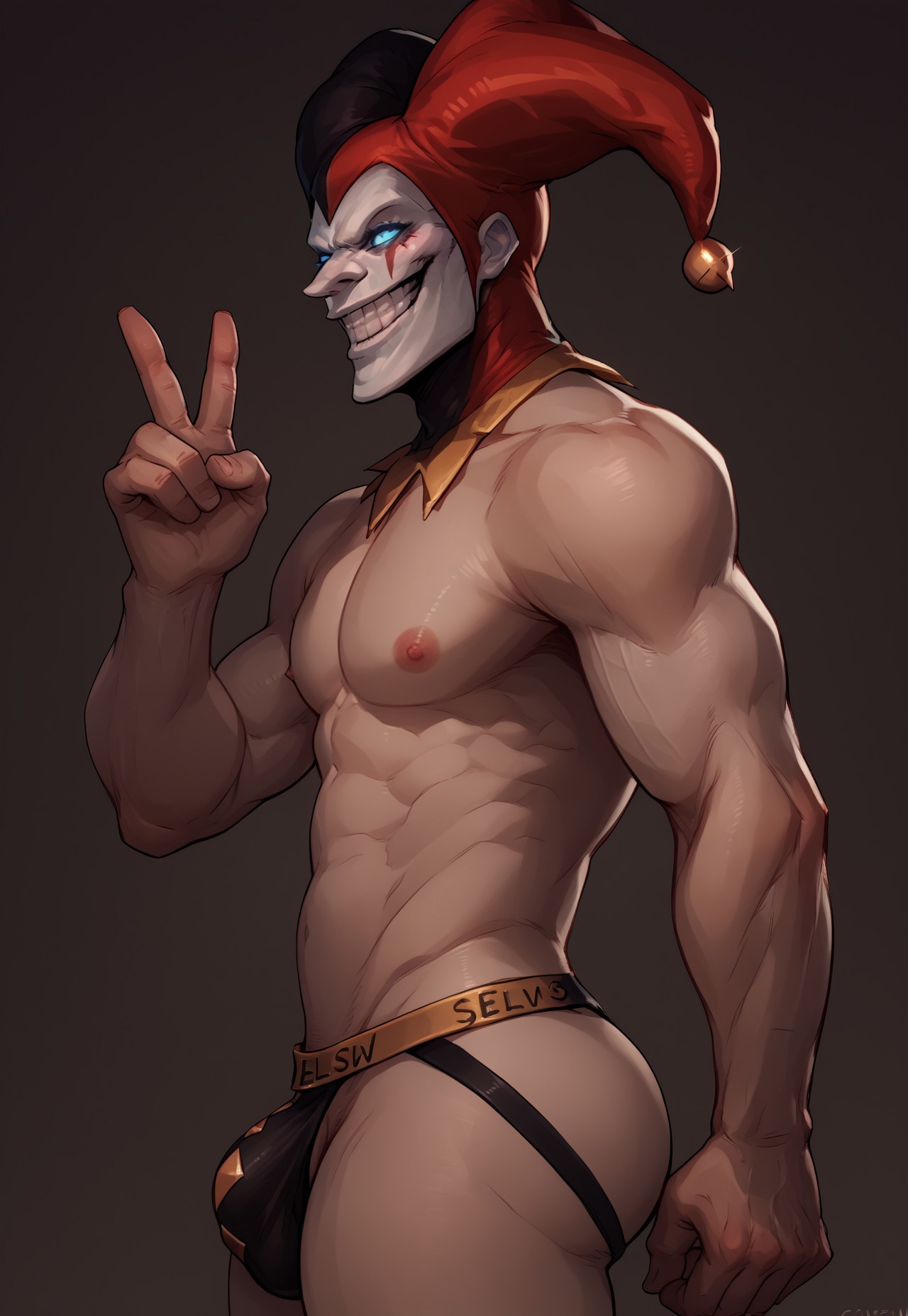 safe_pos, score_9_up, score_8_up, score_7_up, solo, 1boy, lol_sh@co, white skin, glow blue eyes, pointy nose, grin, jester cap, nude, portrait, side view, jockstrap, looking to viewer, peace sign,