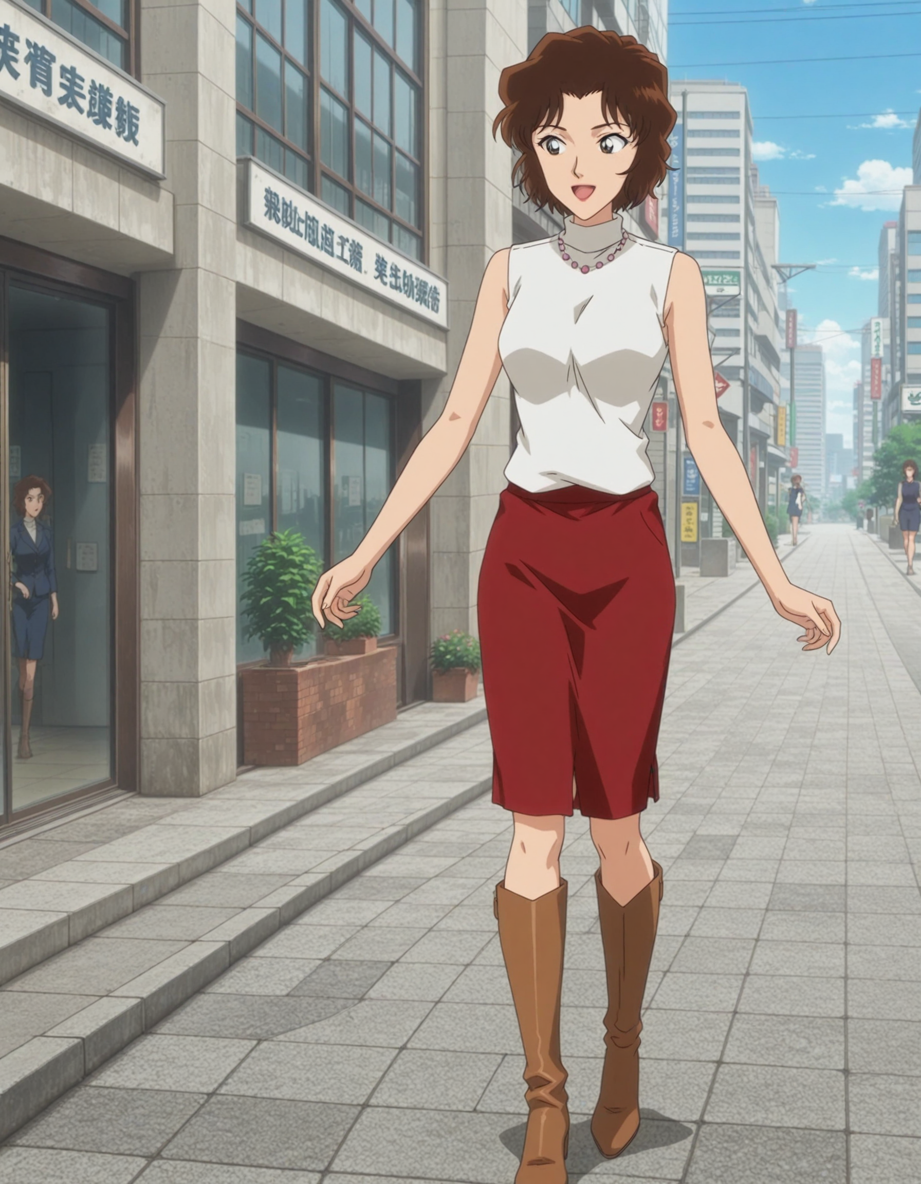 1girl,solo,masterpiece,best quality,anime screencap,newest,anime coloring,
<lora:sawaguchi_keiko_conan_v1_IL:0.7>,sawaguchi keiko,(meitantei conan:0.4),brown hair,very short hair,short wavy hair,lipstick,pearl necklace,white sleeveless turtleneck,red pencil skirt,brown knee boots,
<lora:dmd2_sdxl_4step:1>,smile,open mouth,looking at another,full body, city, walking,outdoors,