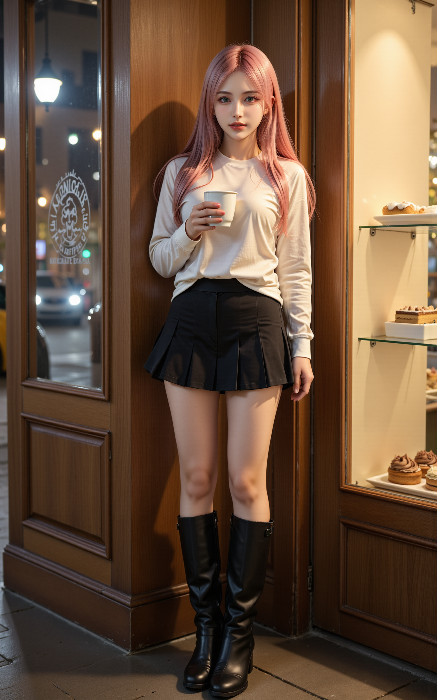 A stylish 20-year-old girl with pink long hair and green eyes stands at the entrance of a bakery on a cool winter night,dressed in a cream-colored sweater,a black pleated miniskirt,and elegant black knee-high boots. She is happy and holds a steaming cup of coffee,The city lights in the background shimmer,reflecting off the slightly frosted bakery window. Inside,warm yellow lighting highlights an array of cakes and pastries. A contrast of warm and cool tones creates a cozy winter night atmosphere. Realistic photography style,cinematic lighting,bokeh background,high dynamic range.,<lora:yuukananri-base-02-flux:0.9>,yuukananri,she has a slender physique and a petite build,
