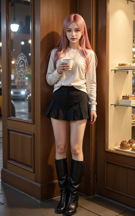A stylish 20-year-old girl with pink long hair and green eyes stands at the entrance of a bakery on a cool winter night,dressed in a cream-colored sweater,a black pleated miniskirt,and elegant black knee-high boots. She is happy and holds a steaming cup of coffee,The city lights in the background shimmer,reflecting off the slightly frosted bakery window. Inside,warm yellow lighting highlights an array of cakes and pastries. A contrast of warm and cool tones creates a cozy winter night atmosphere. Realistic photography style,cinematic lighting,bokeh background,high dynamic range.,<lora:yuukananri-base-02-flux:0.9>,yuukananri,she has a slender physique and a petite build,