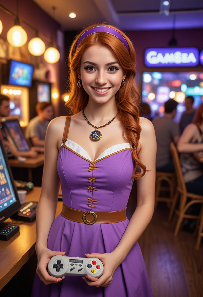 (medium full shot) of (playful gamer) young woman, arabian, tan skin, hazel eyes, Medium build, medium ginger retro hair, wearing a purple cosplay dress with themed elements with game logo, gaming-themed shoes, gaming necklace, holding a game controller, gaming console, set in  a bustling gaming cafe, with energetic vibe, colorful lighting, gaming consoles, and lively crowd, at dusk, woman smiling, Masterpiece,best quality, photo, realistic, very aesthetic, detailed face,