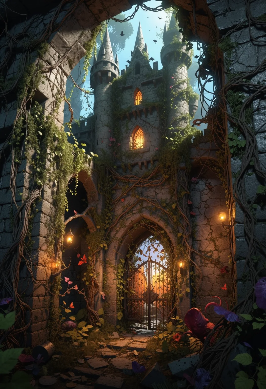 Semi-realistic comic book environment concept design showing a fortified lair with vibrant creatures emerging, barbed vines, whimsical tension. With artificial split lighting, cel shading, stylized, videogame concept art, masterpiece, very aesthetic <lora:dmd2_sdxl_4step_lora>