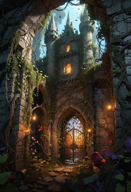 Semi-realistic comic book environment concept design showing a fortified lair with vibrant creatures emerging, barbed vines, whimsical tension. With artificial split lighting, cel shading, stylized, videogame concept art, masterpiece, very aesthetic <lora:dmd2_sdxl_4step_lora>