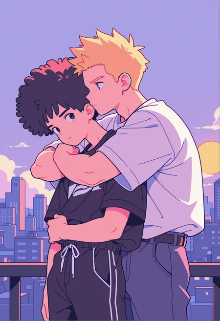 Flatline, Flat vector illustration,
2boys, hug_from_behind, outdoors, sun, sidelighting, cloudy_sky, streetwear, cityscape, huge_afro, very_short_hair, blonde_hair, (plump:0.8), (muscular:0.8), spiked_hair,, masterpiece, best quality, absurdres, very aesthetic, amazing quality,highres