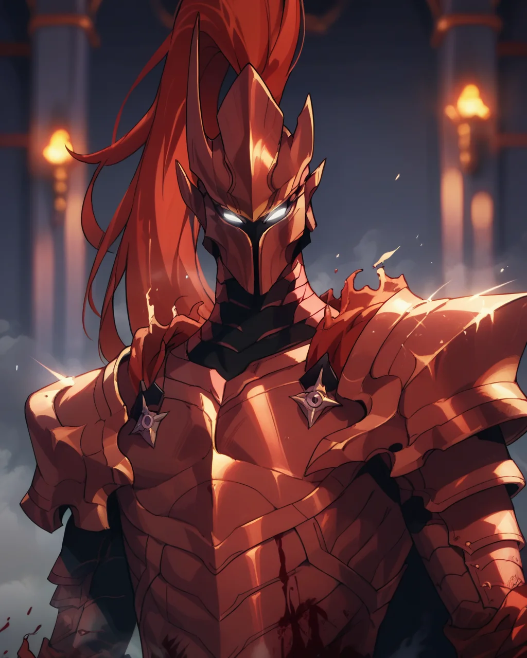 score_9, score_8_up, score_7_up, source_anime, action pose,score_6, glitch, upper body, lights,blurred background, (fog:1.2), solo ,1boy, blood_igris, glowing, white eyes, helmet, armor, dungeon, <lora:Blood_Igris:0.9>