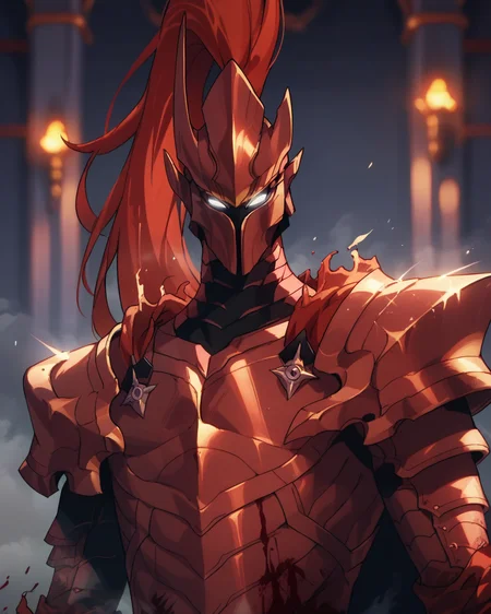 score_9, score_8_up, score_7_up, source_anime, action pose,score_6, glitch, upper body, lights,blurred background, (fog:1.2), solo ,1boy, blood_igris, glowing, white eyes, helmet, armor, dungeon, <lora:Blood_Igris:0.9>