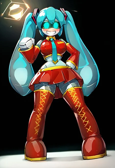 (score_9), score_8_up, score_7_up, score_6_up, [score_5_up, score_4_up], (solo:1.2), low angle, sexy pose, ((glossy inflatable miku hatsune as a robot MD-Doll)), (glistening, glistening body, very shiny glossy reflective inflatable, shiny highlights, (toy proportions:1.5)), (living inflatable, seams, featureless hands, featureless feet, bappers, large bappers, bapper arms, seams on skin), animate inanimate, (short, curvy, wide hips, full body, standing, legs apart, android, joints, MD-Doll black visor with aqua eyes), bottom heavy, (simple rounded inflatable aqua hair with twintails, shiny inflatable aqua twintails with seams), ((MD-Doll)), robot, miku hatsune, shocked, confused, worried, simple background, painted-on smile, permagrin, very shiny, glossy, pooltoy, toy nozzle on stomach, toy handles, shiny painted-on [glossy rubber red crop top, glossy black tank top, glossy rubber aqua necktie, glossy rubber red detached sleeves, glossy rubber red skirt], ((glossy rubber bapper red thigh boots, bapper red thigh boots)), blushing, embarrassed, fingerless, perfect lighting, perfect shading, vibrant lighting, bright highlights, glossy rubber texture, [shiny latex texture], large thighs, large breasts, large simple inflatable head, very shiny rubber inflatable white and grey metal MD-Doll robot skin, glossy white rubber head with black visor