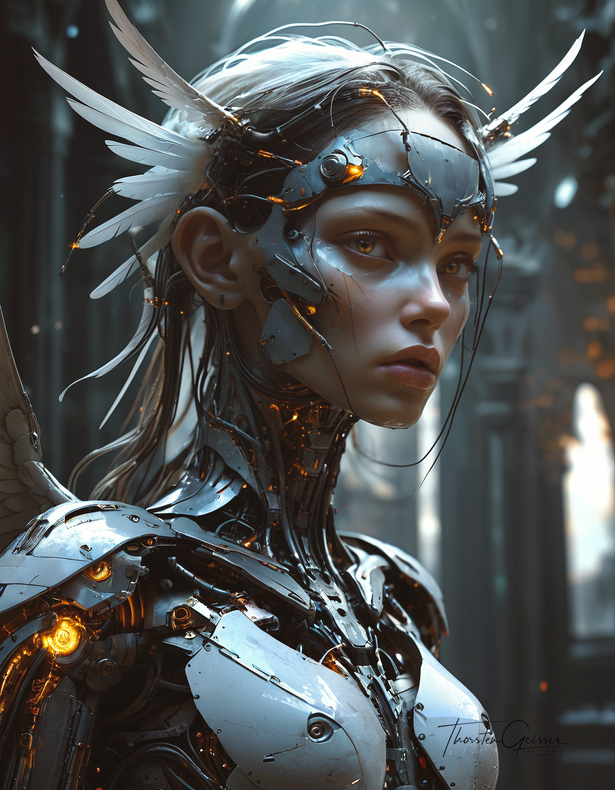 biomechanical cyberpunk A photorealistic portrait of a merciless archangel, their face a vision of divine beauty and unwavering resolve. Their eyes, windows to a soul hardened by countless battles, burn with an intensity that pierces through the veil of reality. Their expression is a symphony of conflicting emotions: righteous fury, unwavering determination, and a hint of sorrow for the fallen. Their wings, a majestic expanse of shimmering feathers, are spread wide, casting a shadow of divine judgment upon the world. The background is a maelstrom of celestial energy, swirling with nebulae, stars, and distant galaxies, creating a sense of infinite power and cosmic scale. The lighting is dramatic, highlighting the archangel's sculpted features and the intricate details of their flowing hair and wings. The overall effect is one of awe and reverence,  <lora:MJ52.safetensors:0.60>   . cybernetics, human-machine fusion, dystopian, organic meets artificial, dark, intricate, highly detailed