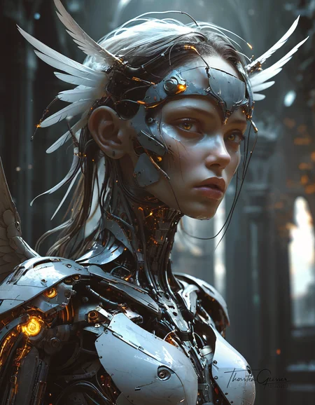 biomechanical cyberpunk A photorealistic portrait of a merciless archangel, their face a vision of divine beauty and unwavering resolve. Their eyes, windows to a soul hardened by countless battles, burn with an intensity that pierces through the veil of reality. Their expression is a symphony of conflicting emotions: righteous fury, unwavering determination, and a hint of sorrow for the fallen. Their wings, a majestic expanse of shimmering feathers, are spread wide, casting a shadow of divine judgment upon the world. The background is a maelstrom of celestial energy, swirling with nebulae, stars, and distant galaxies, creating a sense of infinite power and cosmic scale. The lighting is dramatic, highlighting the archangel's sculpted features and the intricate details of their flowing hair and wings. The overall effect is one of awe and reverence, <lora:MJ52.safetensors:0.60> . cybernetics, human-machine fusion, dystopian, organic meets artificial, dark, intricate, highly detailed