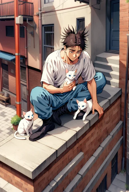 1boy, male focus, choso \(jujutsu kaisen\), jujutsu kaisen , (90s anime style:1.5), front view, outdoors, street view, (looking down:1.3), perfecteyes, isometric, sitting on stairs, shirt, denim shorts, 1 white cat sitting next to them, petting the cat <lora:detailed_notrigger:1> <lora:ParchartXL_CODA:0.2> <lora:Isometric Cutaway:1> <lora:PerfectEyesXL:1> <lora:ral-drptpl:0.1> <lora:FILM_PHOTOGRAPHY_STYLE:0.6> <lora:Surreal Harmony:0.2>
