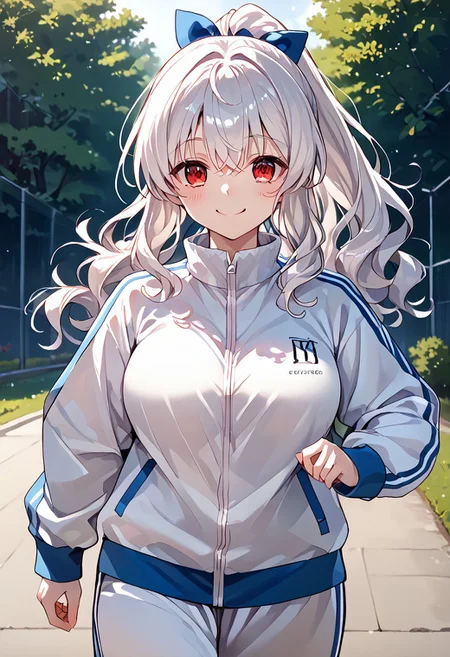 score_9, score_8_up, score_7_up, source_anime, rating safe, outdoor, 1girl, 18yo, tracksuits, running, white hair, long hair, wavy hair, ponytail, red eyes, upturned eyes,  expressive eyes, curvy, shy smile, large breasts, perfect hand, detailed, day, 8k, masterpiece, by koumashiro,