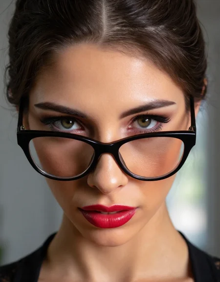 A striking portrait of a fierce woman with piercing eyes and bold, direct eye contact. She wears natural-looking brick-red lipstick and large, avant-garde glasses. The composition embodies a high-fashion editorial aesthetic, blending ethereal beauty with dramatic shadows and luxurious fashion details. The zoomed-out perspective places the subject in 30% of the frame, leaving ample negative space around her head for a modern, minimalist feel. The subtle 3D effect enhances the visual depth, creating a captivating and dynamic image.