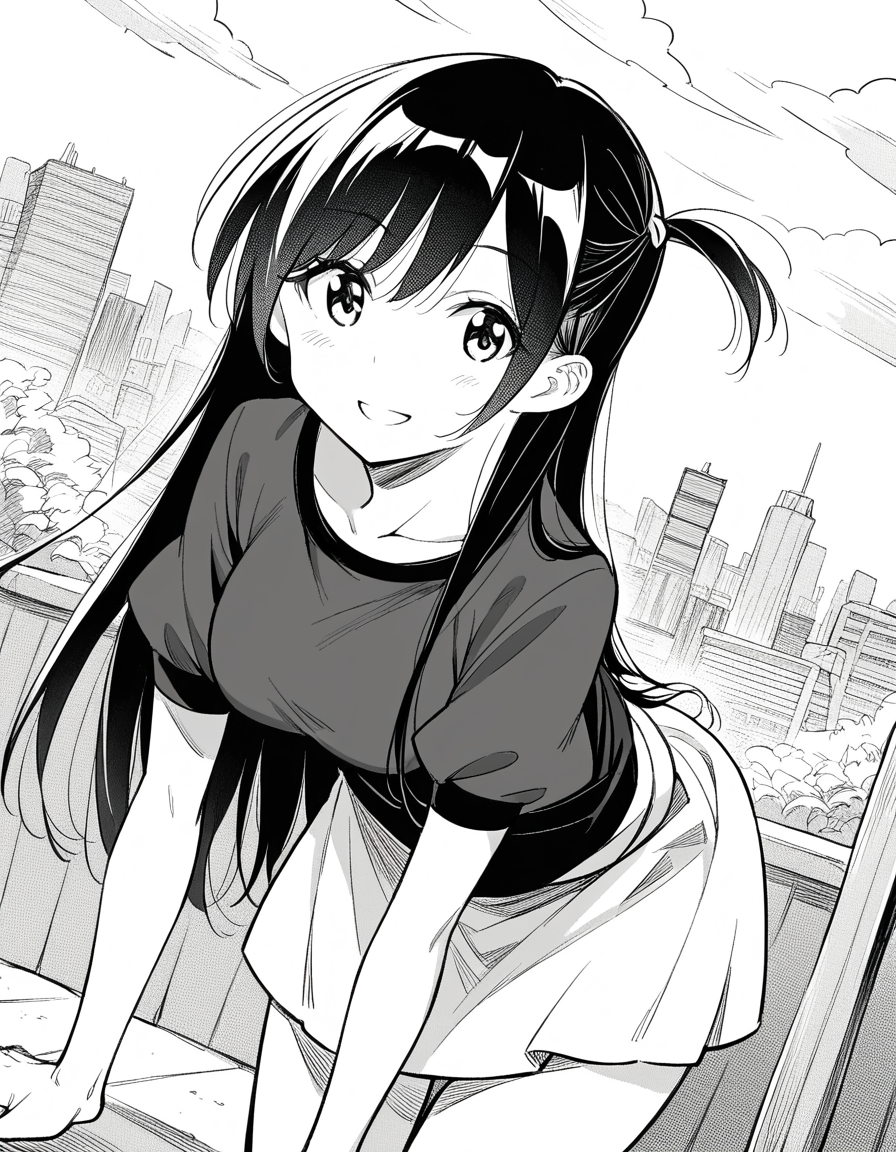 score_9, score_8_up, score_7_up, source_anime,
chizuruichinose, <lora:chizuru-ichinose-manga-ponyxl-lora-nochekaiser:1>,
chizuru ichinose, long hair, bangs, one side up, greyscale, monochrome,
skirt, shirt, short sleeves, puffy sleeves, puffy short sleeves, white skirt,
outdoors, cityscape, smile, bent over,
looking at viewer, dutch angle, cowboy shot, solo,