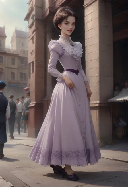 score_9, score_8_up, score_7_up, score_6_up, source_anime, 
1girl, 21+ years old,
updo, brown_hair, golden necklace, lavender victorian dress, purple belt
Crowd, public, spectators
Smile, 
In streets, Victorian
London
Empire
Cowboy shot, view legs, Dynamic view, Dynamic angles, moving, walking, 
Side view