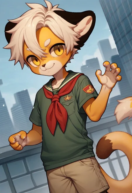 solo, furry, anthro, mikus, 1boy, solo, paws, boy, petite boy, slim boy, small boy, (white hair, dark yellow eyes, yellow fur, dotted eyebrows, small eyebrows, white eyebrows, white fur, yellow paws, (tail tip black:1.5), black ears), Soviet schoolgirl uniform, frilled apron, red neckerchief, score_8_up, score_7_up, score_6_up, score_5_up, score_4_up, outdoors, cityscape, dutch angle, random pose, spontaneous pose, random view, view from different angles, shorts, chibi, smile