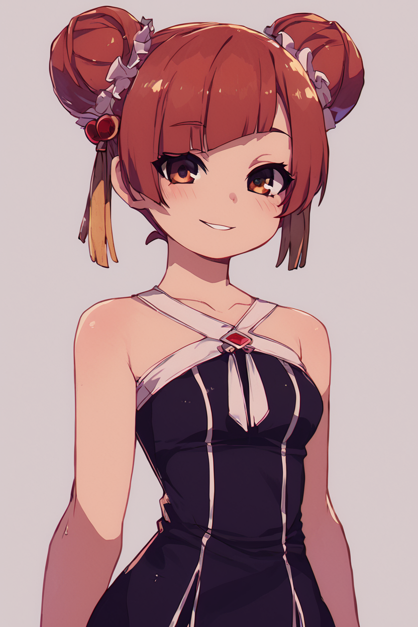 score_9, score_8_up, score_8, medium breasts, (curvy), cute, eyelashes,       BREAK, ,  zzLaufen, hair bun, double bun, red hair, short hair, brown hair, brown eyes, hair ornament, bare shoulders, black dress, collarbone,  <lora:LaufenFrieren_PDXL_v1:0.8>,  , BREAK, smile, looking at viewer, cowboy shot, ,,, embedding:zPDXL, Expressiveh, ,,, <lora:Zankuro_Style_PDXL:0.8> <lora:SDXLFaeTastic2400:0.5>, <lora:Expressive_H-000001:0.4>,