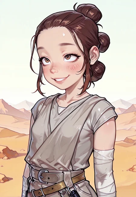 4k, fine detail, high quality eyes, masterpiece, best quality, amazing quality, geh1, 4s0r4, eigaka, possmach, artist:moriimee, 1 girl, solo girl, young, reycomic, sidelocks, hair bun, brown hair, brown eyes, grey tunic, bandages, shorts, belt, desert, smile, blush, upper body,