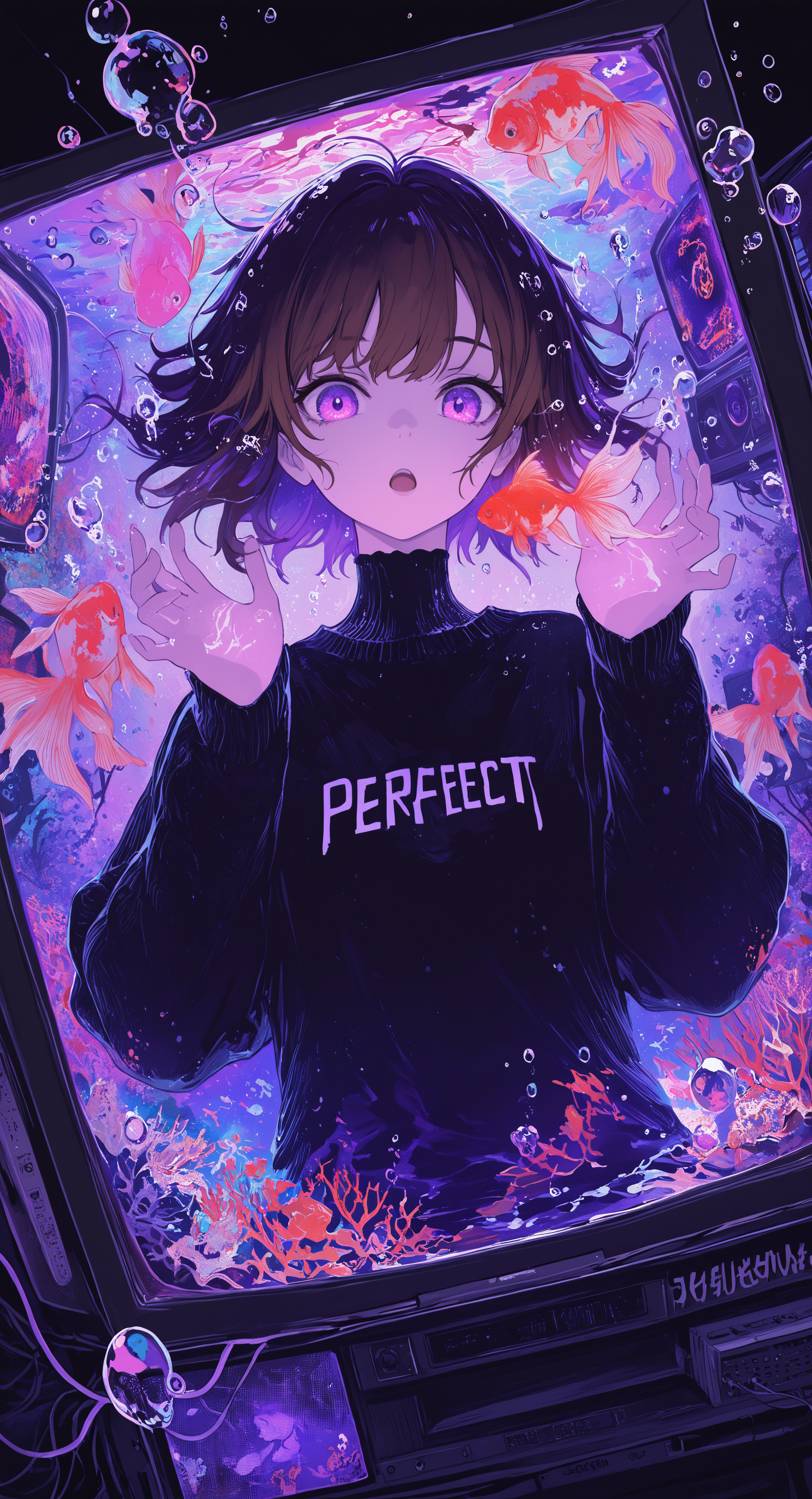 masterpiece, best quality, good quality, very awa, newest, highres, absurdres, 1girl, solo, looking at viewer, open mouth, short hair, shirt, brown hair, black hair, long sleeves, purple eyes, upper body, water, english text, sweater, hands up, clothes writing, fish, bubble, underwater, black sweater, cable, air bubble, television, surreal, submerged, goldfish, crt, limited palette, glowing, psychedelic, <lora:illustriousXL_stabilizer_v1.23:0.3> <lora:NOOB_vp1_detailer_by_volnovik_v1:0.3> <lora:ponyv6_noobE11_2_adamW-000017:0.3> <lora:114558v4df2fsdf5:0.6> <lora:XXX667:0.4> <lora:mon_monmon2133:0.5>