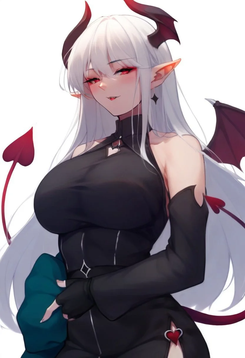 ShimmerStyle, score_9, score_8_up, score_7_up, highest quality, source anime, masterpiece,
naughty face, blush,
dynamic angle,
woman, solo, female, sexy body, (huge breast), (detailed skin),
(white hair, long hair, pointy ears, succubus, demon, succubus tail, bat wings),
red eyes, perfect eyes (high res eyes), detailed eyes, perfect human anatomy,
long sleeves, detached sleeves, black shirt, fingerless gloves, black gloves,
black_stockings, eyeliner, black_eyeliner,