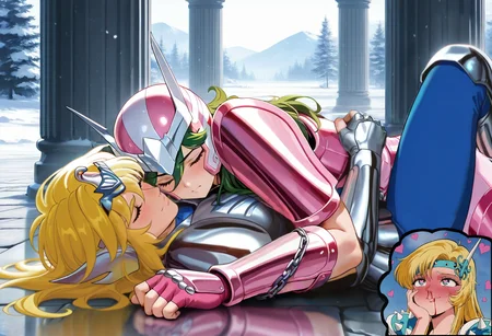 <lora:june_il:1>june,solo,blonde hair,headband,shoulder arms,body armor,leotard,red pantyhose,heart-shaped pupils,(full-face blush:0.8),nosebleed,fujoshi,hand on own face,
<lora:Andromeda_Shun_Saint_Seiya_ILXL:0.8>ANDROMESHUN,ANDRSHUNV1,1boy,slender figure,pink pauldrons,pink two pronged helmet,long wavy green hair,full torso armor,pink vambraces,fingerless pink gloves,pink thighhigh greaves,green pants,pink belt,pink boots,chains,lying on person,lying,closed eyes,head rest,blush BREAK
1boy,
1boy<lora:V1Cygnus_Hyoga_Saint_Seiya_ILXL:1>cygnushyov1,slender figure,toned male,swan circlet,silver pauldrons,silver armor,fingerless silver gauntlets,circle plated vambrace,belt,silver tassets,blue pants,silver greaves,blue undershirt,belt buckle,wavy blonde hair,sleeveless,lying,death,closed eyes,closed mouth, very awa, masterpiece, best quality, amazing quality, very aesthetic, absurdres, sensitive, newest <lora:spo_sdxl_10ep_4k-data_lora_webui:0.7>,