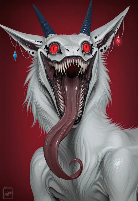 Synx, solo, open mouth, red eyes, jewelry, earrings, teeth, tongue, pointy ears, tongue out, no humans, glowing, sharp teeth, claws, monster, long tongue, horror (theme)