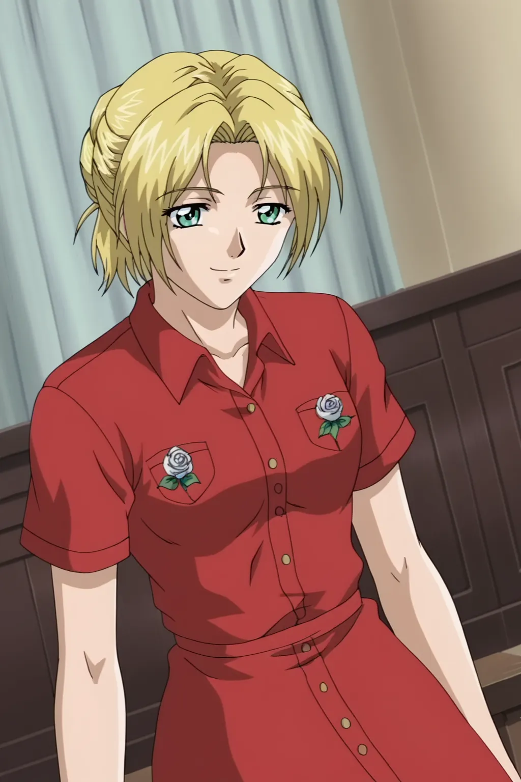score_9, best, masterpiece, uncensored,
indoors,
1girl, solo, smile, retro artstyle, 1990s (style),
LTHRMNNif, tied hair, red short sleeved collared shirt dress, white rose corsage,
<lora:LeathermanNif_V2:0.8>​​​