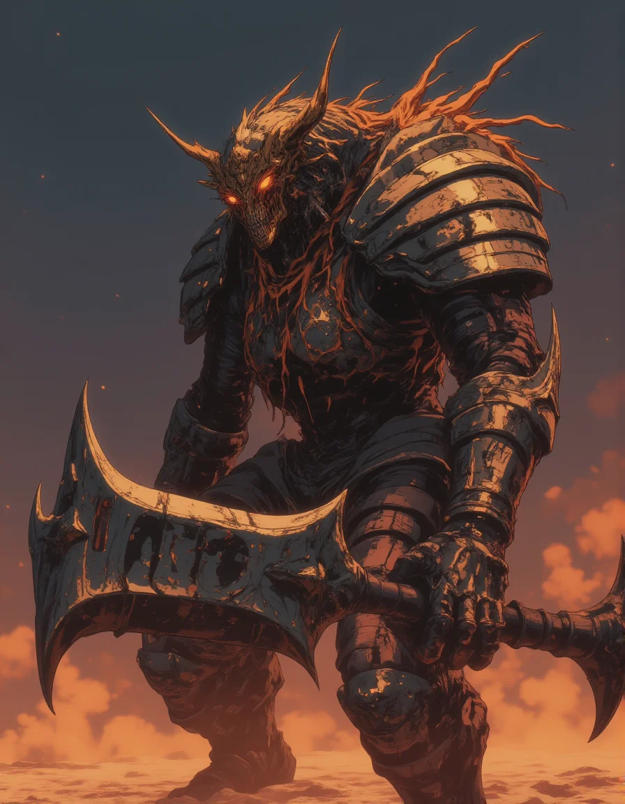 Ironclad Giant, A massive humanoid creature encased in thick, rusted iron armor. Its eyes burn with a fiery glow, and it wields a gigantic, jagged sword that drips with molten metal. The Ironclad Giant is an unstoppable force of destruction, crushing everything in its path.,
<lora:NeonFantasyFLUX:0.8> ne0nfant4sy,