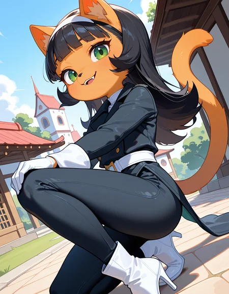 masterpiece, best quality, very aesthetic, absurdres,
outdoors, posing,
white gloves, white high heel boots, black pants, black jacket, long sleeves,
smile, parted lips, fangs,
<lora:Kitty_Katswell_v01_NAIXL:1>
K1tty_Kat6w3311, 1girl, solo, furry, furry female, animal ears, long hair, black hair, hairband, blunt bangs, flipped hair, green eyes, animal nose, body fur, orange fur, cat tail,