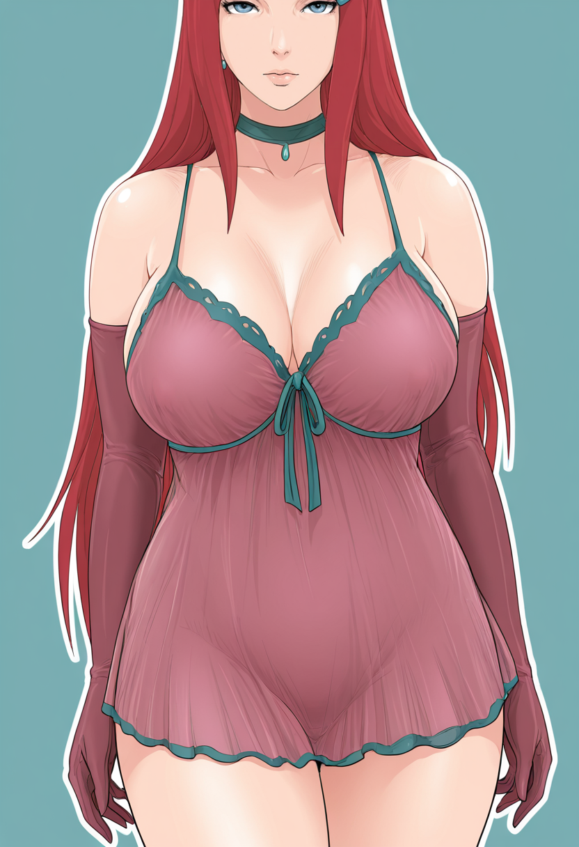 masterpiece, best quality, 
1girl, solo, 
Sideways
uzumaki kushina, red hair, long hair, 
negligee, elbow gloves, choker, earrings, 
looking at viewer, 
simple background, Turquoise Blue  background, outline, 
 <lora:raikageart:1> r41k4g34rt,
