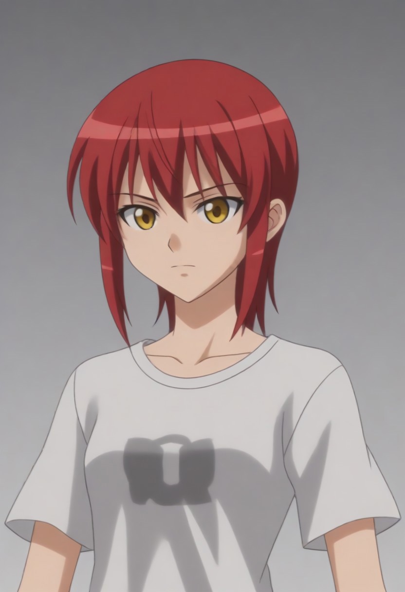 source_anime, anime screencap, source_anime, auratheguillotine, anime screencap, masterpiece, source_anime, shiny skin,,,,,,black t-shirt,1girl, solo, rza, red hair, yellow eyes,