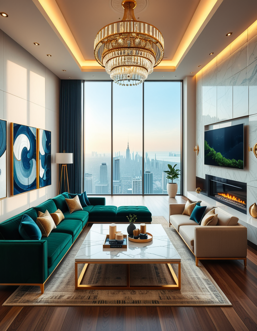 A lavish and modern luxury living room with a spacious open layout. The room features a grand chandelier with crystal details hanging from a high ceiling. Plush velvet sofas in deep emerald green and navy blue are arranged around a sleek marble coffee table with gold accents. The floor-to-ceiling windows allow natural light to flood the space, revealing a breathtaking city skyline in the background. A contemporary fireplace with a sculptural design adds warmth, while elegant artwork and designer decor pieces complete the sophisticated ambiance. The lighting is soft and ambient, creating a cozy yet opulent atmosphere.
<lora:SDXLFaeTastic2400:0.4> <lora:extremely_detailed:0.4> extremely detailed,  <lora:luxurious_l1v1ng_r00m:1>,luxurious l1v1ng r00m, Masterpiece,best quality,hi res,8k,hi res,8k,award winning,(sharp focus, intricate, highly detailed),