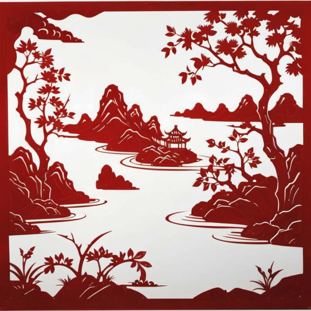 The image is a traditional Chinese paper-cut art piece, now reimagined to depict a serene landscape in the style of shan shui painting. It features rolling hills, meandering rivers, and distant mountains, all intricately cut into red paper to create a harmonious balance of elements. The white background highlights the delicate contours of the landscape. The artistry is evident in the finely cut details of the trees, rocks, and water, capturing the essence of nature's tranquility. This paper-cut artwork embodies the spirit of classical Chinese landscape painting, where every cut and line conveys the depth and beauty of natural scenery., <lora:cn_paper_cut:0.75>
