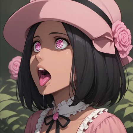 score_9, score_8_up, score_7_up, 1girl, solo, tanned skin, dense black hair, pink dress dress, medium breasts, frilly dress, saliva, hypnotised