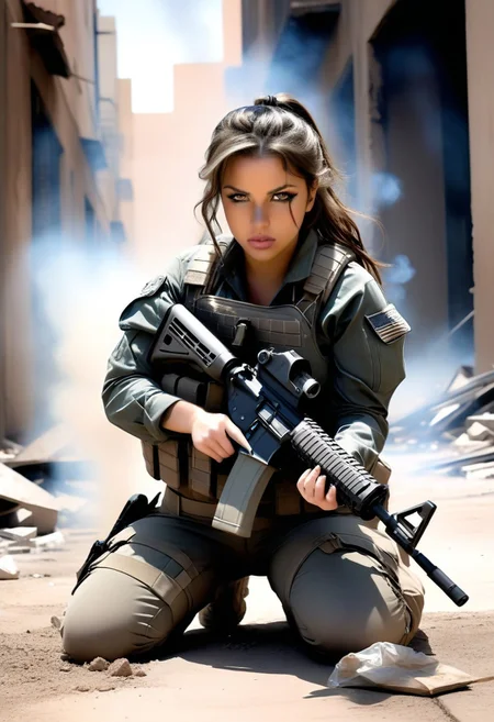 V3r0t1k4, combat uniform, M4 carbine, cleavage,
