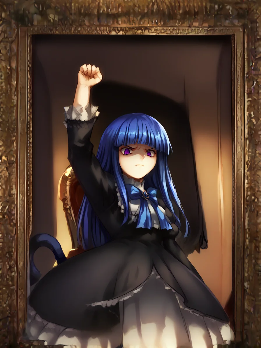 score_9, score_8_up, score_7_up, (from below angle, looking down:1.2),
(img, portrait style, painting \(object\), portrait \(object\), framed, beautiful golden frame:1.4), (lineless art),
<lora:Bernkastel_PonyXL_LoRA:1> by pachinko, frederica bernkastel, long hair, blue hair, purple eyes, black dress, frills, blue bow, mary janes, (blue puffy cat tail),
disgusted face, expressionless, (arm up, clenched hand),
in an ornate throne room with velvet and golden details,
<lora:assassinationattemptv1:1> <lora:uneven_eyes_v1_pruned:0.8> <lora:Portrait_Style_r1:1> <lora:disgusted_face_xl_goofy:0.8>