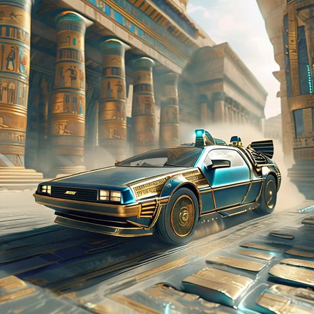 pharaotech Santa Delorean time machine speeds through the streets of the ancient city, very expressive and dynamic, in the background fog and dust old buildings<lora:pharaotech:1>