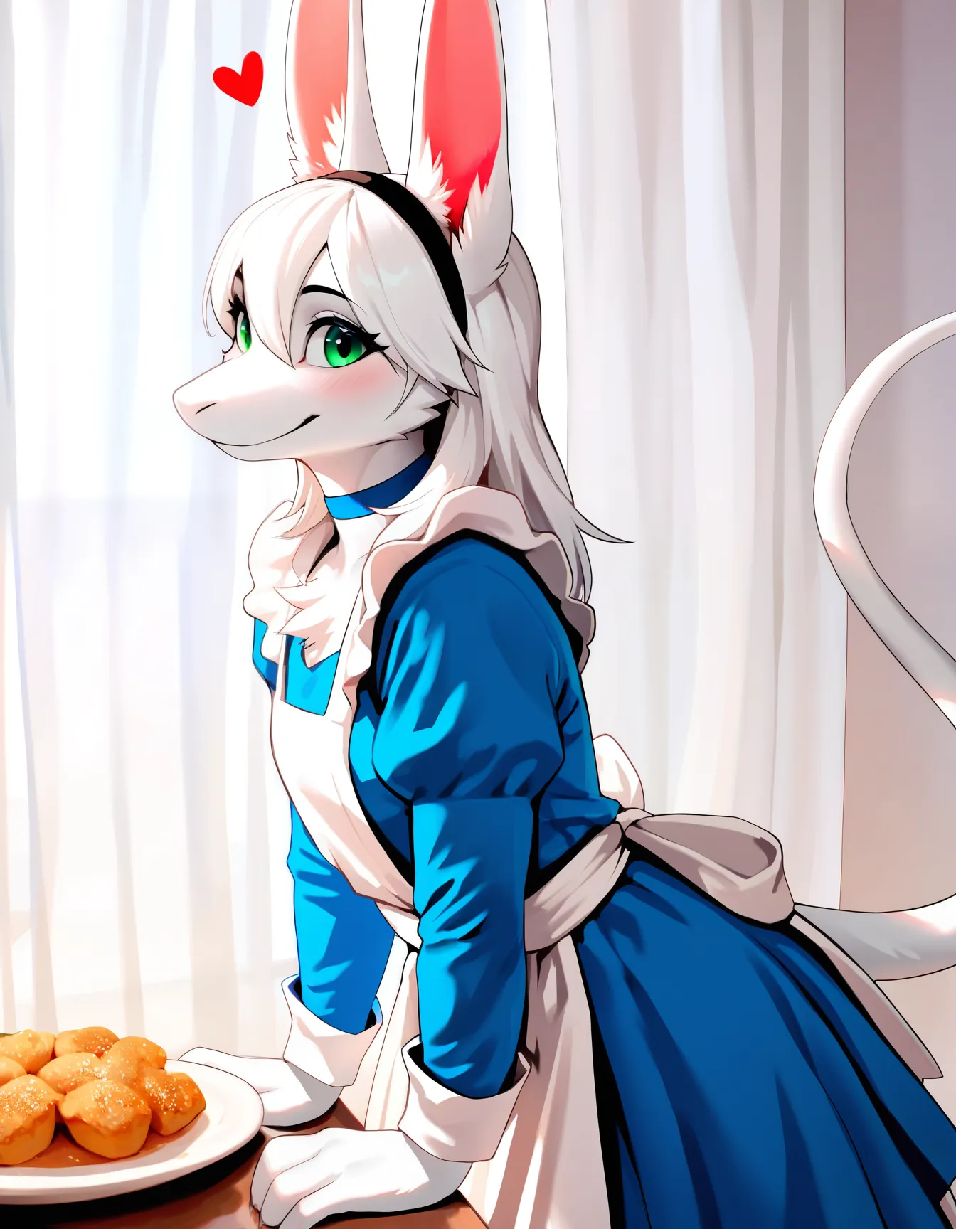 masterpiece, best quality, anime, flat color,absurd res, newest, hi res, very awa, very aesthetic, (cosplay photo:1.1),
fluffy, tufts, furry, BREAK, freyac, 1girl, solo, female, white hair, blue dress, white apron, indoors, leaning forward, white curtains, green eyes, looking at viewer, upper body, black hairband, tail up, white fur, heart, amused, happy, blush, blue choker, cowboy shot, playful, from side, food, <3, white ear fluff, ear fluff, tail, hairband, cute, light smile, ears,
<lora:Freya v11bNoob9s96:0.8>