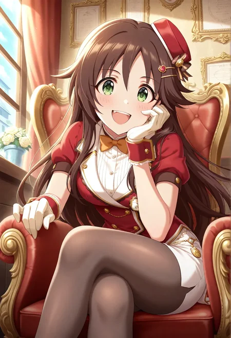 masterpiece, best quality, absurdres, highres, explicit, Newest, anime coloring,anime_screencap,looking at viewer, head rest,crossed legs,,upper teeth,
himekawaidol, long hair,brown hair,green eyes, hairclip, hair ornament, pantyhose, skirt,white gloves, white skirt, pencil skirt, short sleeves, mini hat, red headwear, black pantyhose, bow,buttons, badge, shirt, wrist cuffs, side slit,sitting,smile, (masterpiece:1.1), (best quality:1.1), (newest:1.1), official art, anime screenshot, (absurdres:1.1), (highres:1.1) <lora:himekawa_il:1>